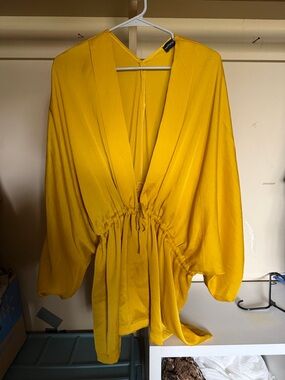 PrettyLittleThing Mustard Yellow Deep V Cinched Waist Blouse
